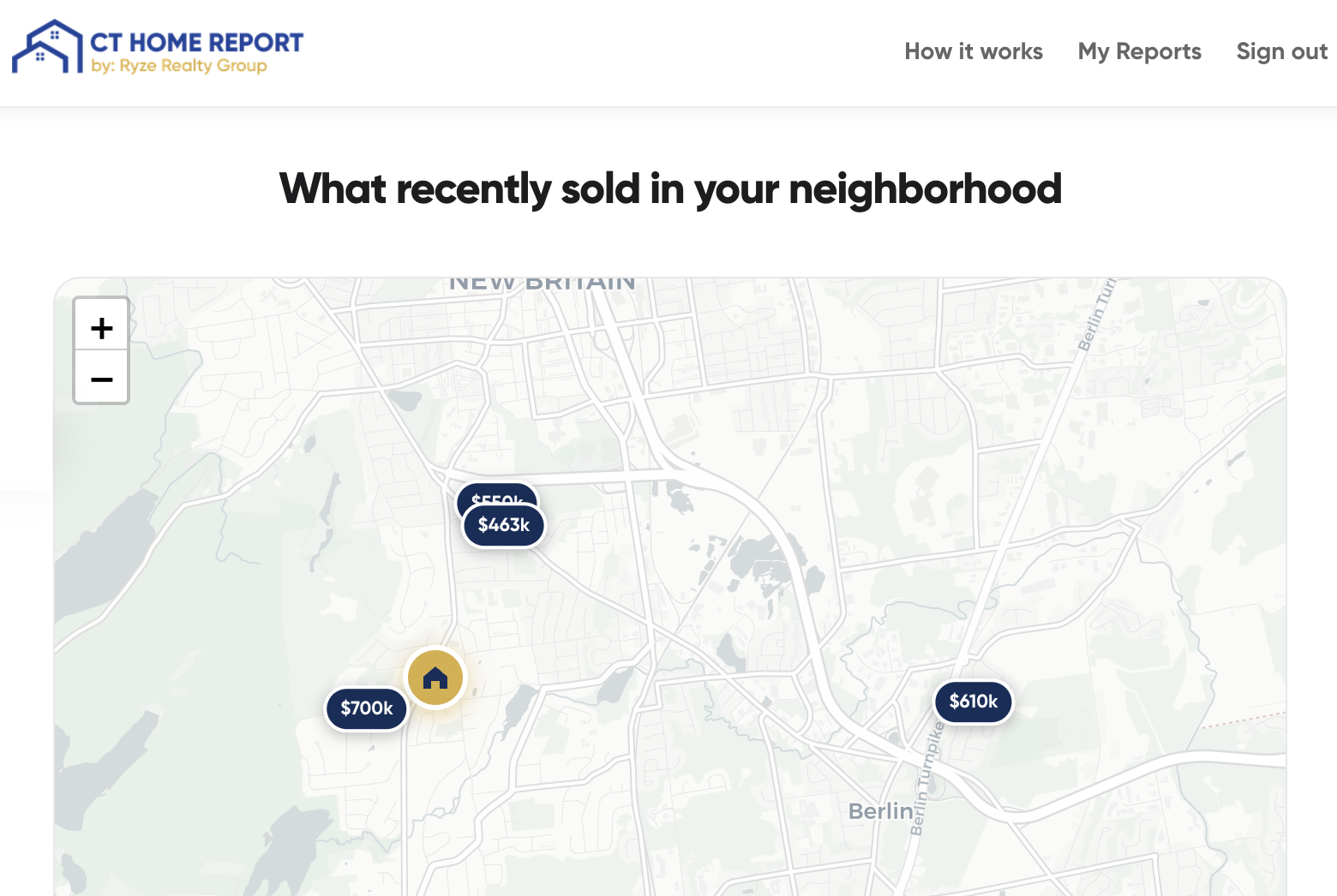 Interactive map of recent Connecticut home sales showing actual sale prices and days on market