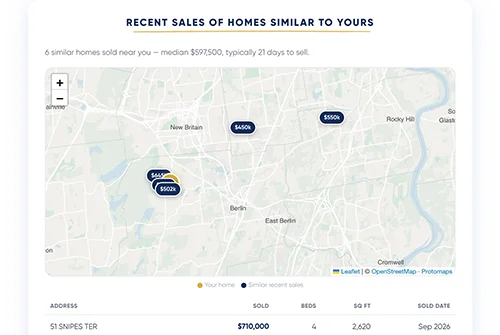 Map of recent nearby home sales with closing prices